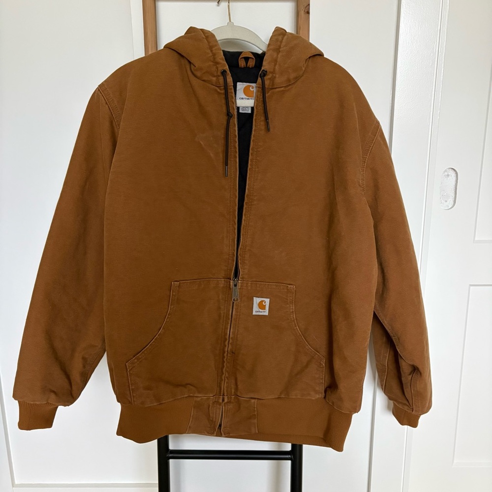 Vintage Carhartt Women's WJ130 211 Large 12/14 Brown Duck Hooded Fleece Full Zip